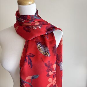 Red Floral Butterfly Scarf Bold Vibrant Botanical Print Lightweight Colorful